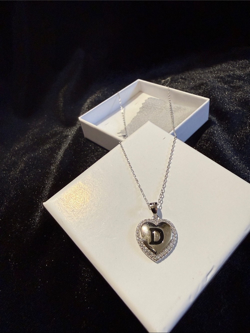 Sterling Silver Heart Initial 'D' Pendant Necklace with Crystal Border